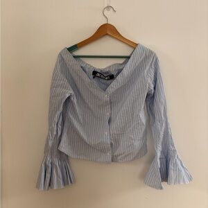 Jacquemus Light Blue Striped Blouse with Flared Sleeves